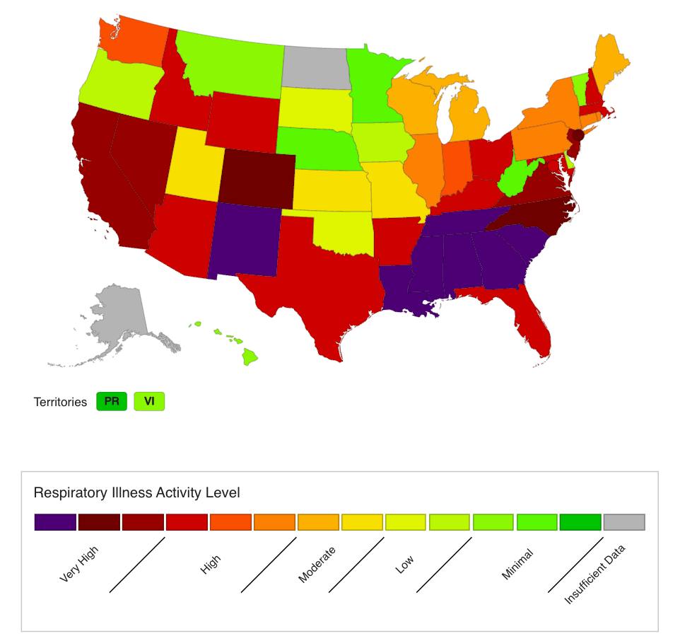 Level of respiratory illness activity across the US as of December 28, 2023. (Source: CDC)