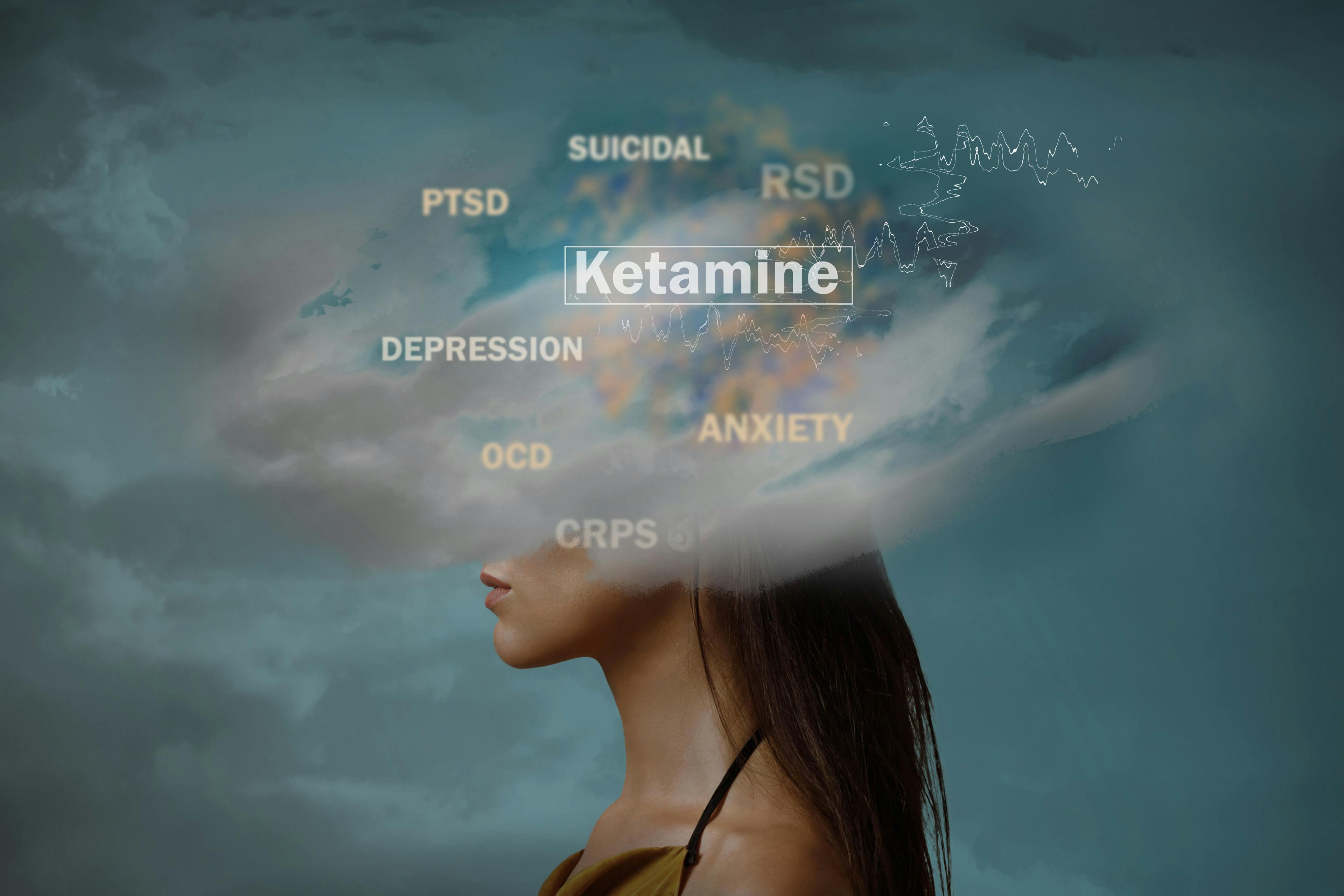 Image of woman with cloud and the words ketamine and depression / Julia - stock.adobe.com