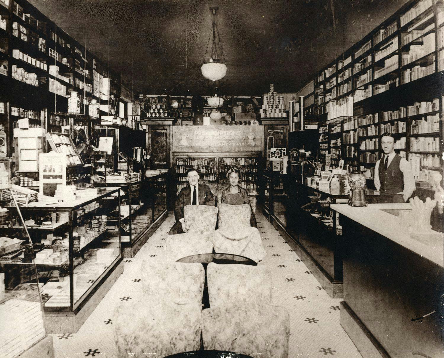 Lake City Pharmacy circa 1923. The pharmacy was opened in 1903 by Ely Langerman. Pictured standing is Al Langerman who was at times president of all Illinois pharmacy associations. Photo courtesy of Dan Langerman. 