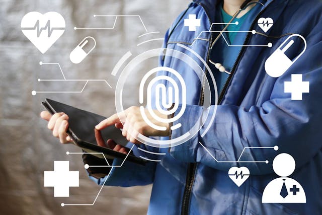 health technology represented by health icons connected to a tablet
