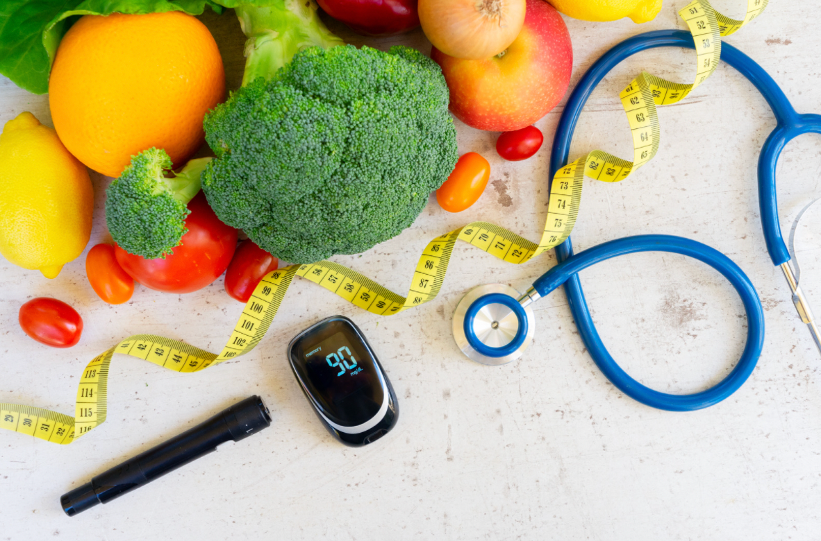 fruits vegetables and glucose meter