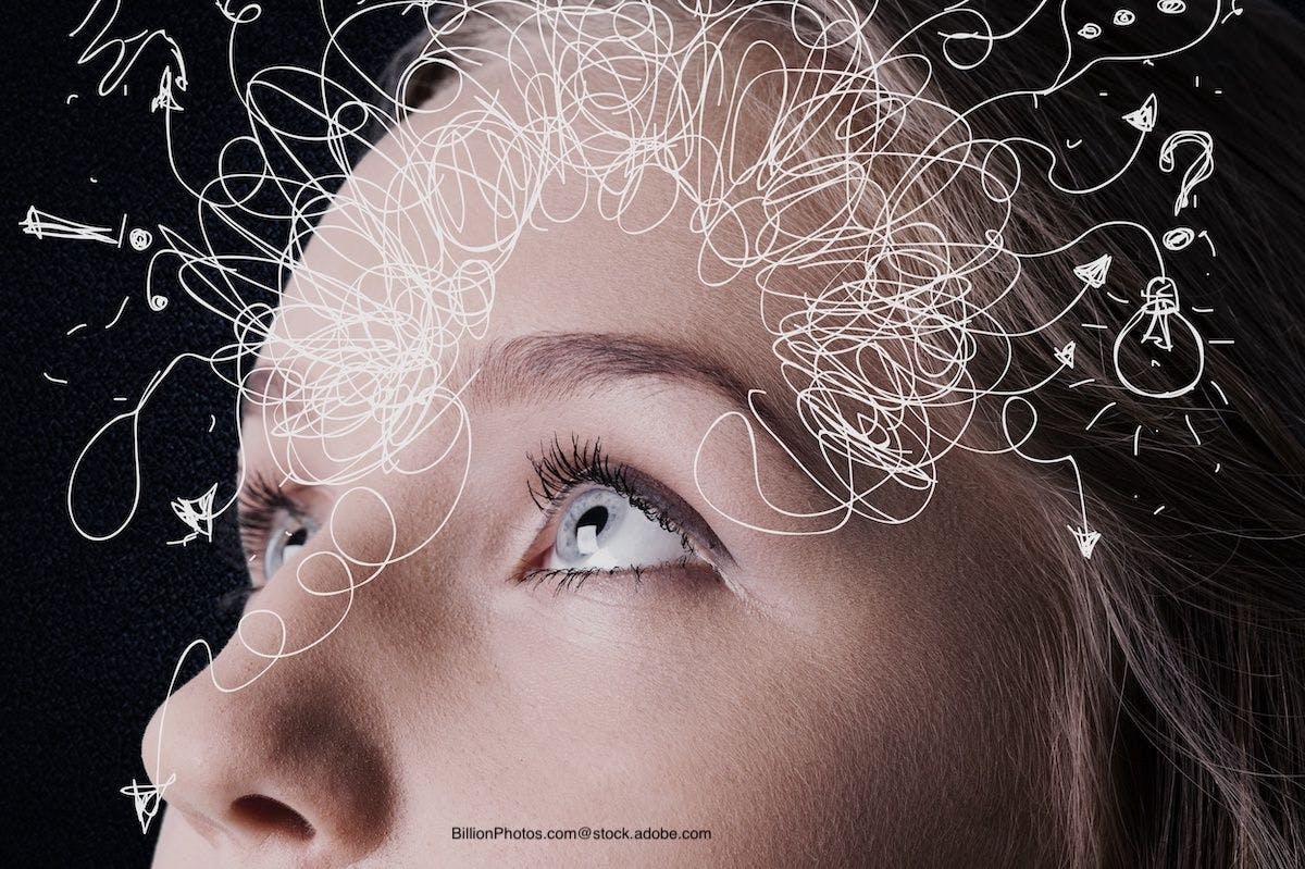woman on black background with symbols around her head indicating ADHD