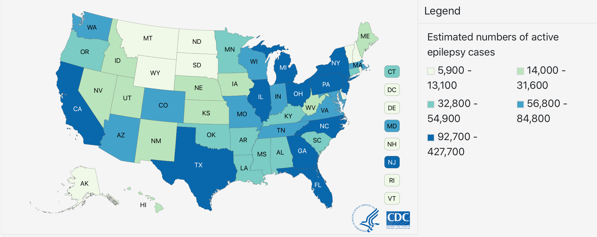 Epilepsy Cases By State; Source: CDC